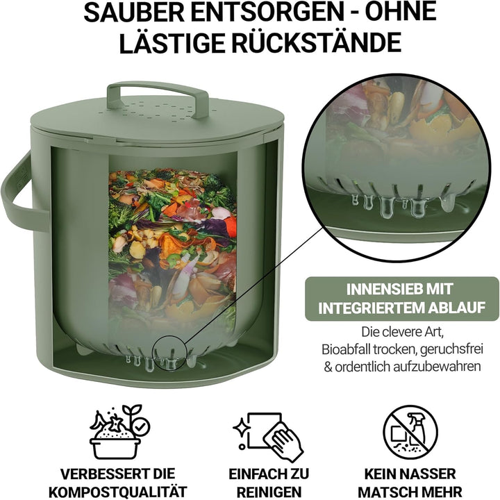 PTMS® Biomülleimer Küche 6L - Biomüll mit Aktivkohlefilter & Deckel zum Einhängen - geruchsdicht, sp