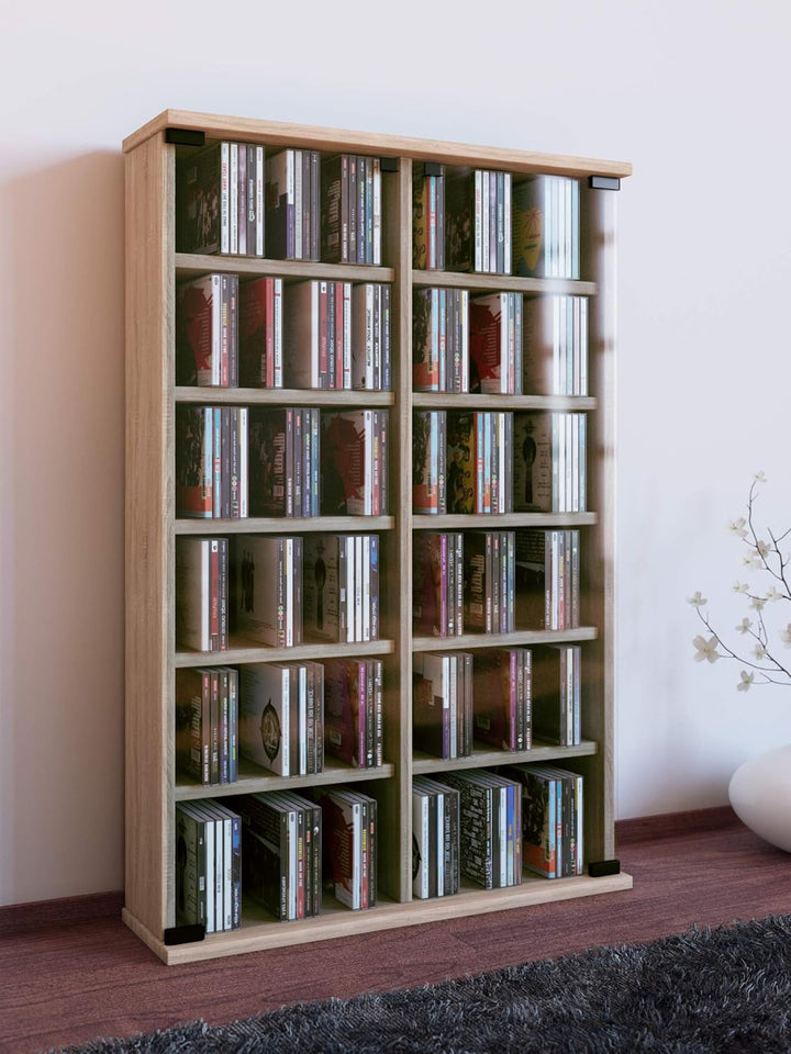 VCM Holz CD DVD Stand Regal Schrank Aufbewahrung Standregal Ständer Roma Glastür Sonoma-Eiche Sonoma