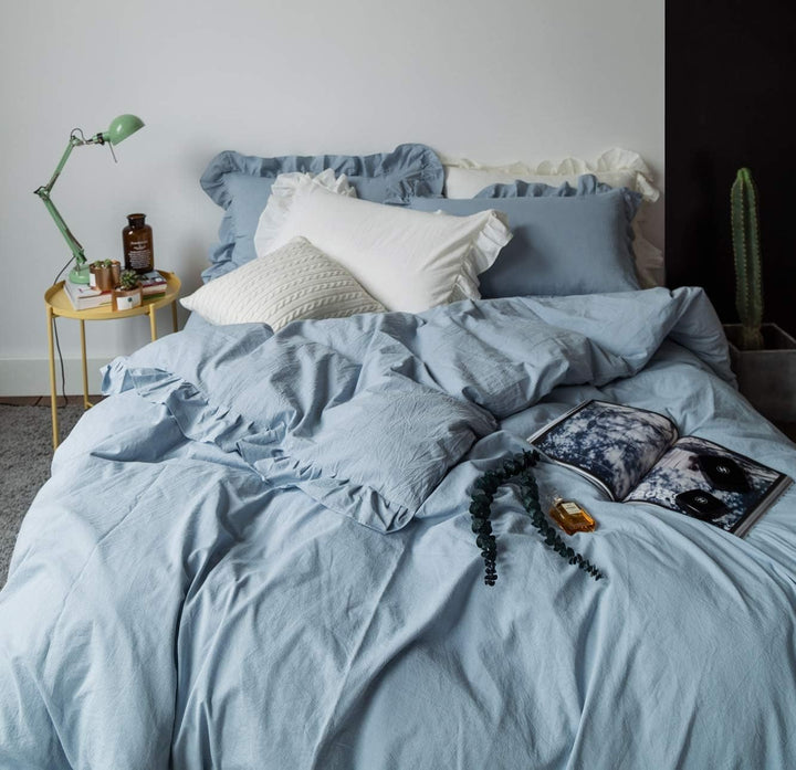 Lanqinglv Bettwäsche 200x220cm Gräuliches Blau mit Rüschen,aus 100% Weiche Microfaser Doppelbett - R
