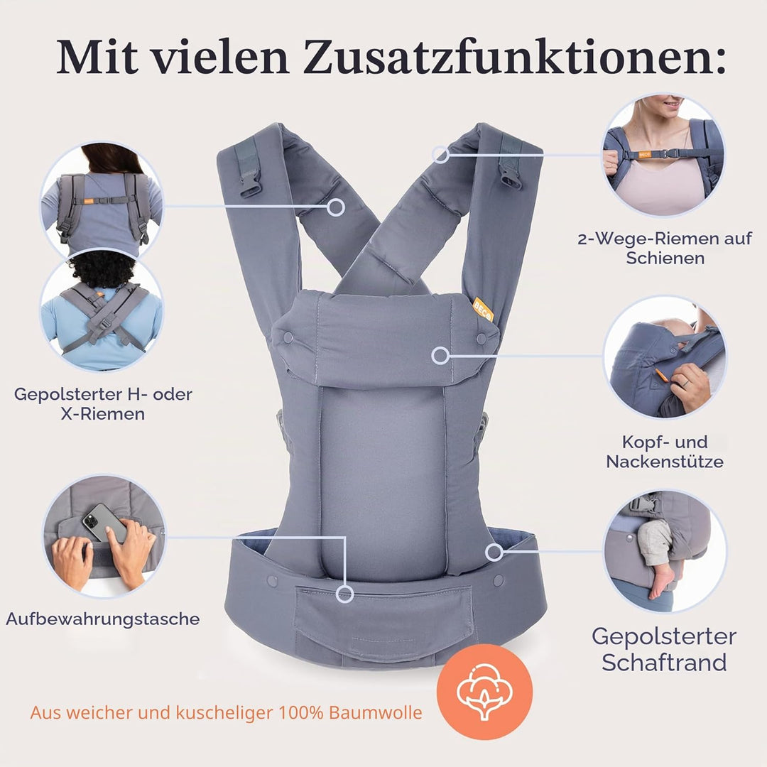 Beco Gemini Babytrage Neugeborene ab Geburt bis Kleinkind - 4 Tragepositionen Baby Trage aus 100% Ba