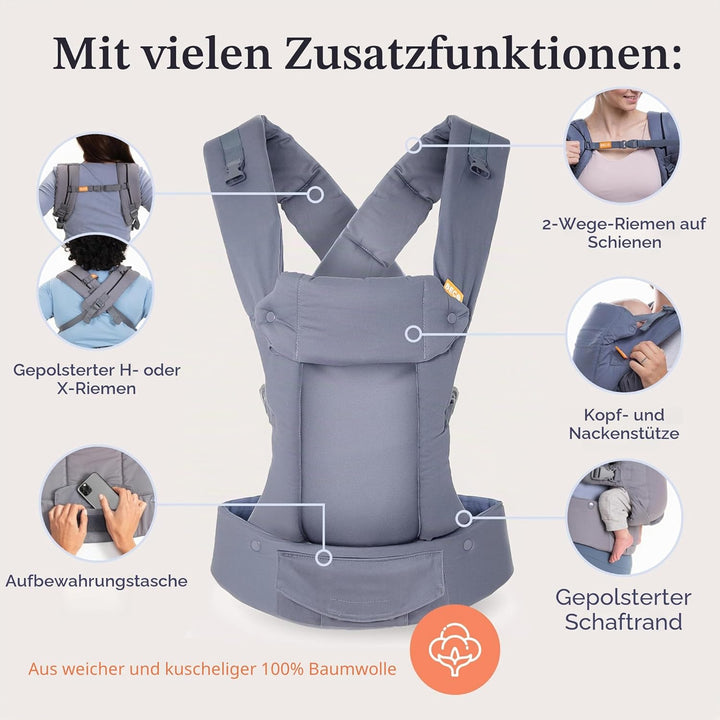 Beco Gemini Babytrage Neugeborene ab Geburt bis Kleinkind - 4 Tragepositionen Baby Trage aus 100% Ba