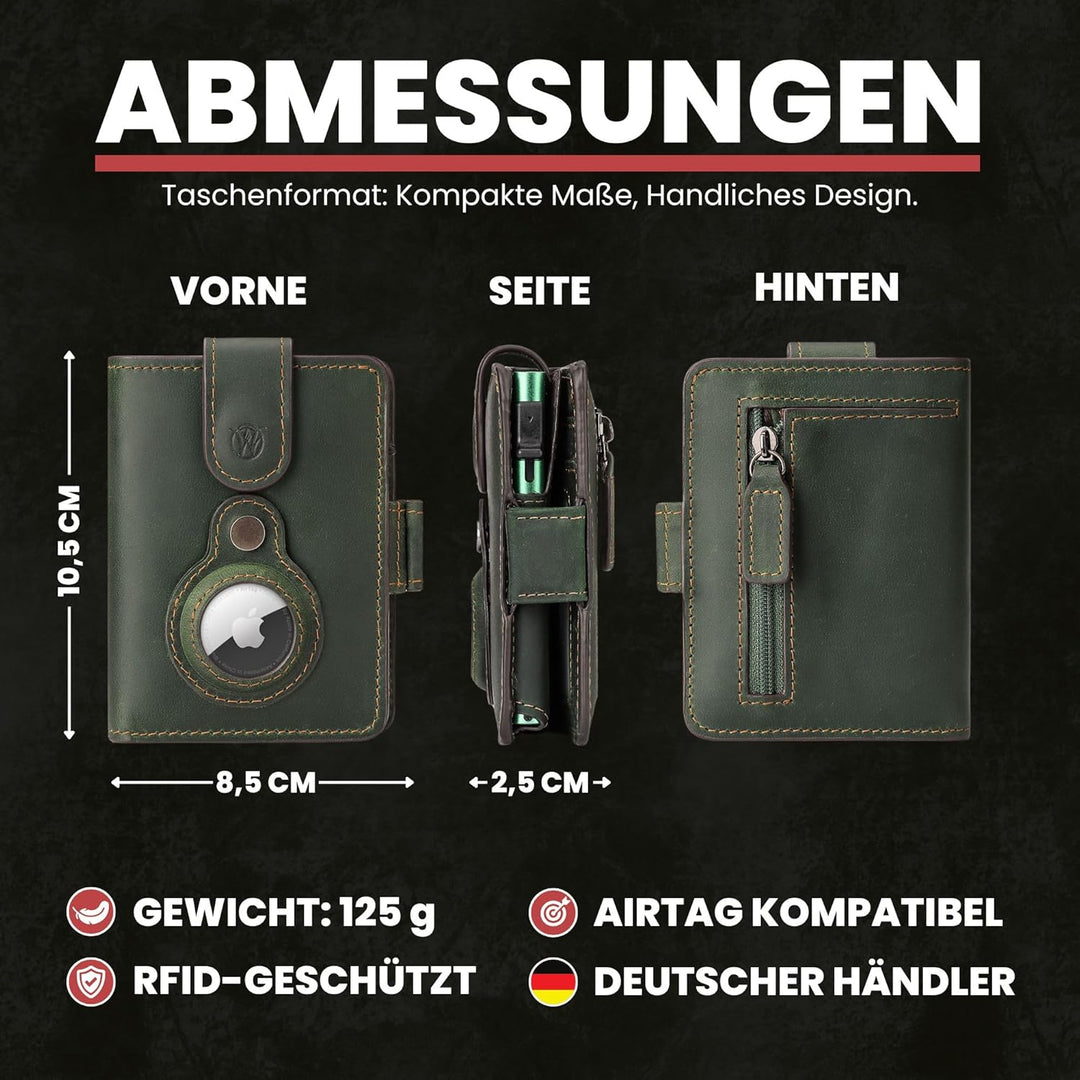Will Fire® AirTag Wallet | Inkl. Airtag Anhänger | Echtleder Geldbörse mit Münz- &amp; Scheinfach | Extr