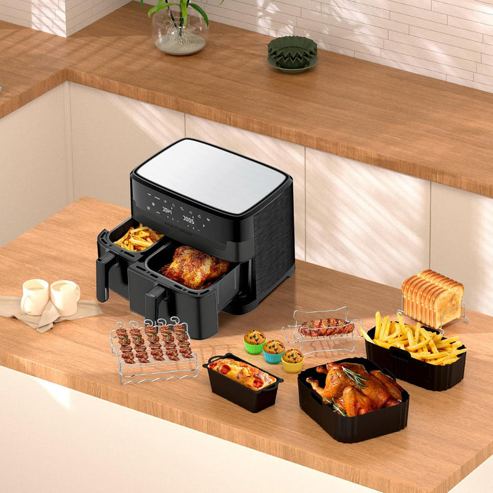 19 Stück Heissluftfritteuse Zubehör für Tefal EY9018 Dual Easy Fry 5,2/3,1 L, Airfryer Zubehör für T