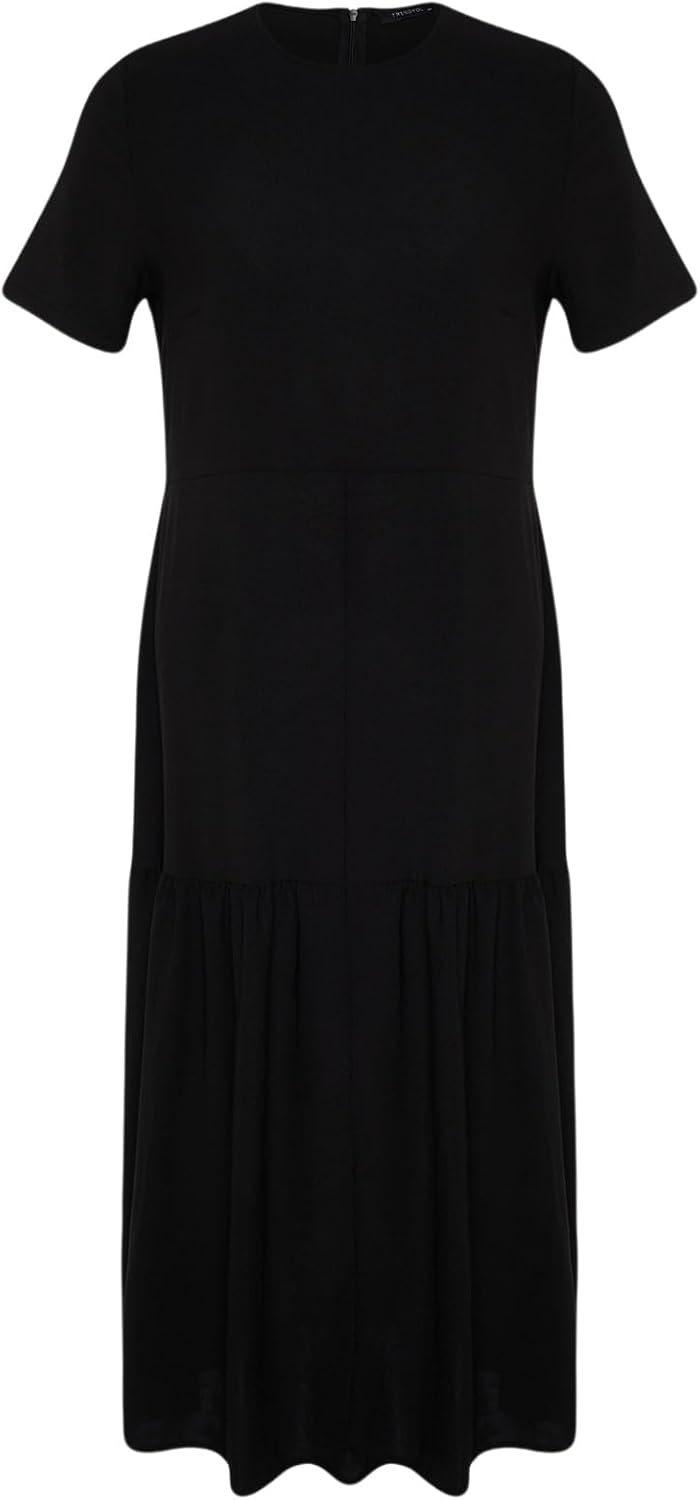 TRENDYOL Damen Women Ruffle Hem Dress Maxi Rüschen Saum Oversize Woven Plus Size Kleid 42 Schwarz, 4