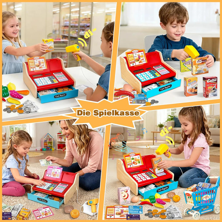 Kasse Kinder Holz mit Scanner und Sound, Spielkasse Kinder Set für Jungen Mädchen ab 3-6 Jahren, Ele