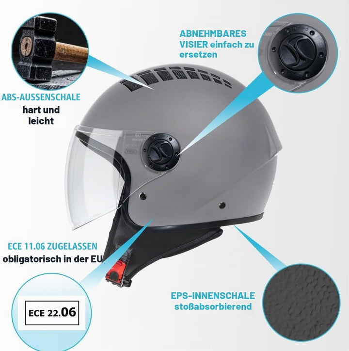 VINZ Como Jethelm mit Visier Herren und Damen | in Gr. XS-XL | Roller Helm Jet Helm Mopedhelm | ECE