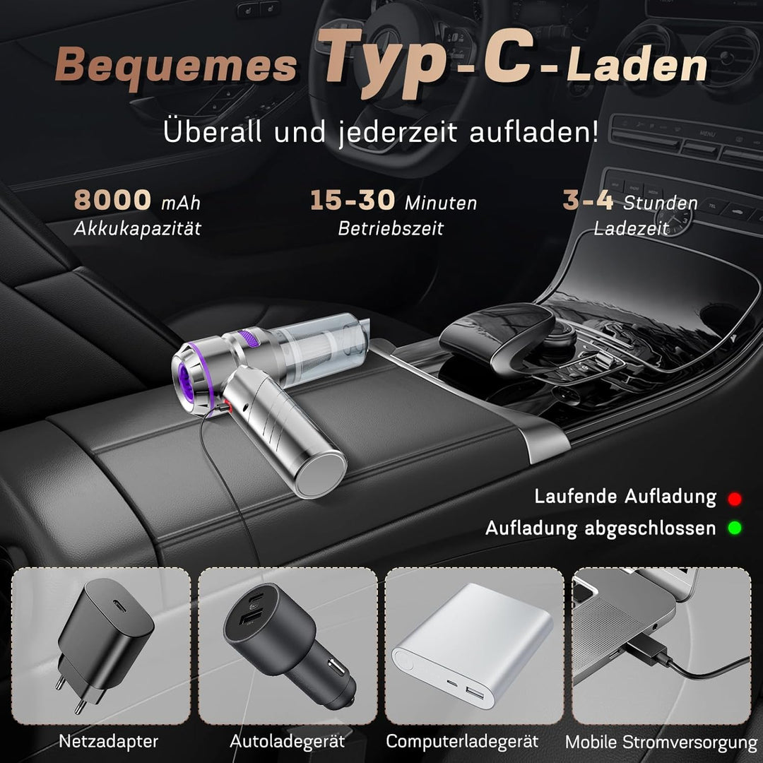 4-in-1 Handstaubsauger Akku,20000Pa Autostaubsauger mit Bürstenloser Motor,3-Gang 150000 U/min Hands