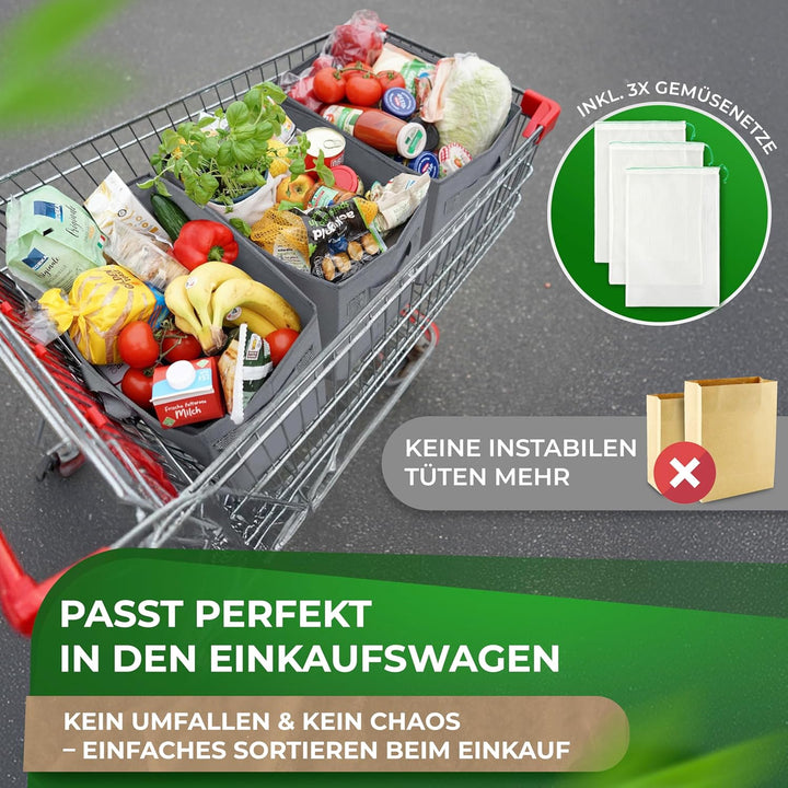 COTTARA® grosse Einkaufstasche faltbar 3er Pack & Obstnetz – stabiler grosser Einkaufskorb faltbar m