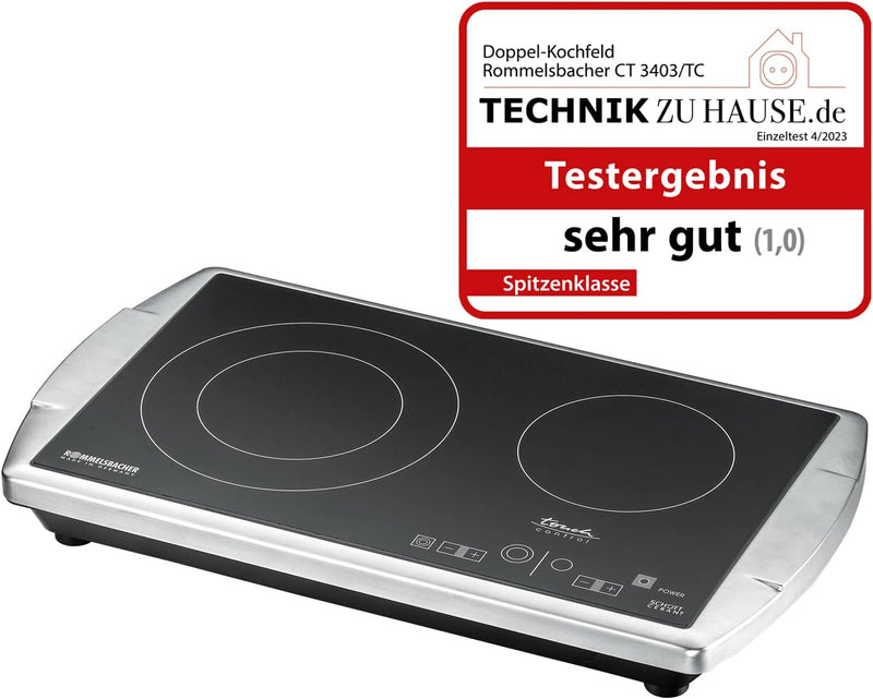 ROMMELSBACHER Doppelkochplatte CT 3403/TC – Made in Germany, Schott Ceran Kochfläche, 2 Kochzonen, e