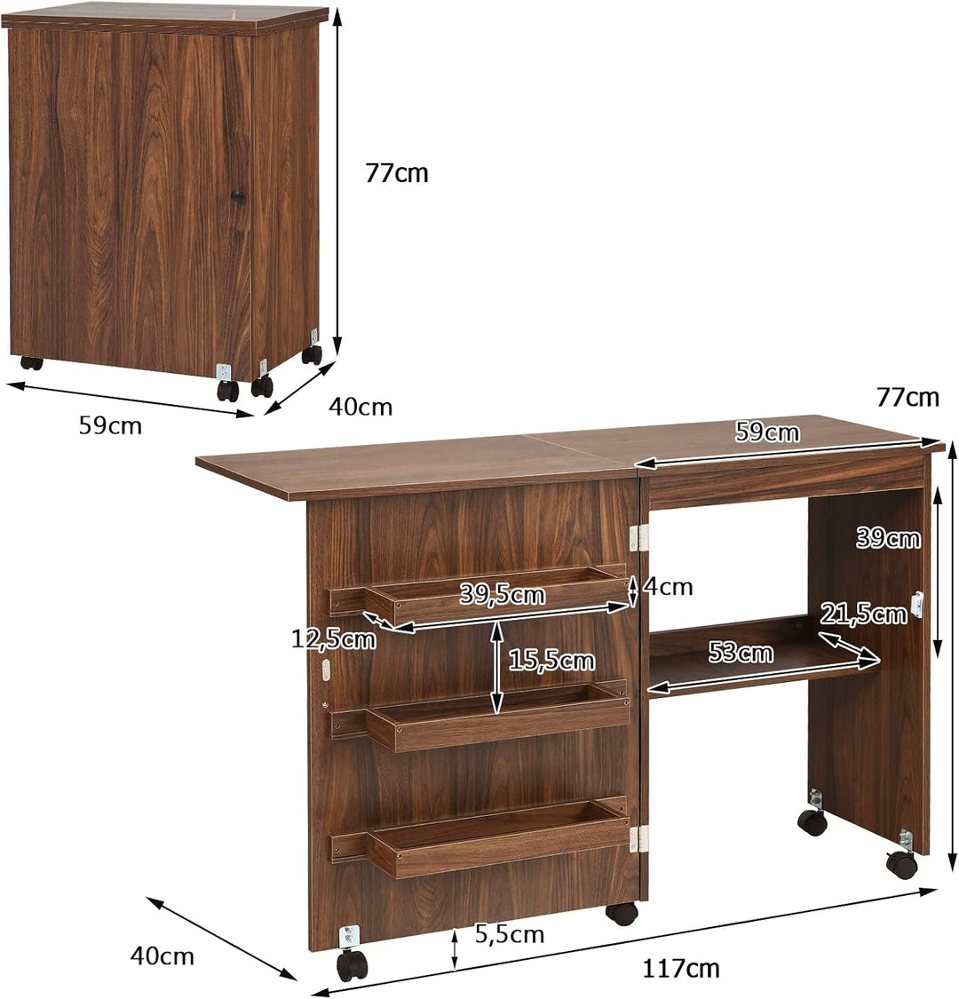LIFEZEAL Nähmaschinenschrank klappbar, Nähschrank 2 in 1, Schreibtisch Holz mit Haken, Ablage &amp; Roll