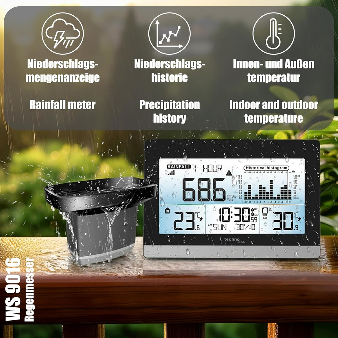 technoline WS9016 Regenmesser, Niederschlagsmesser, Regenmonitor, erfassen von Regenmenge, mit Innen