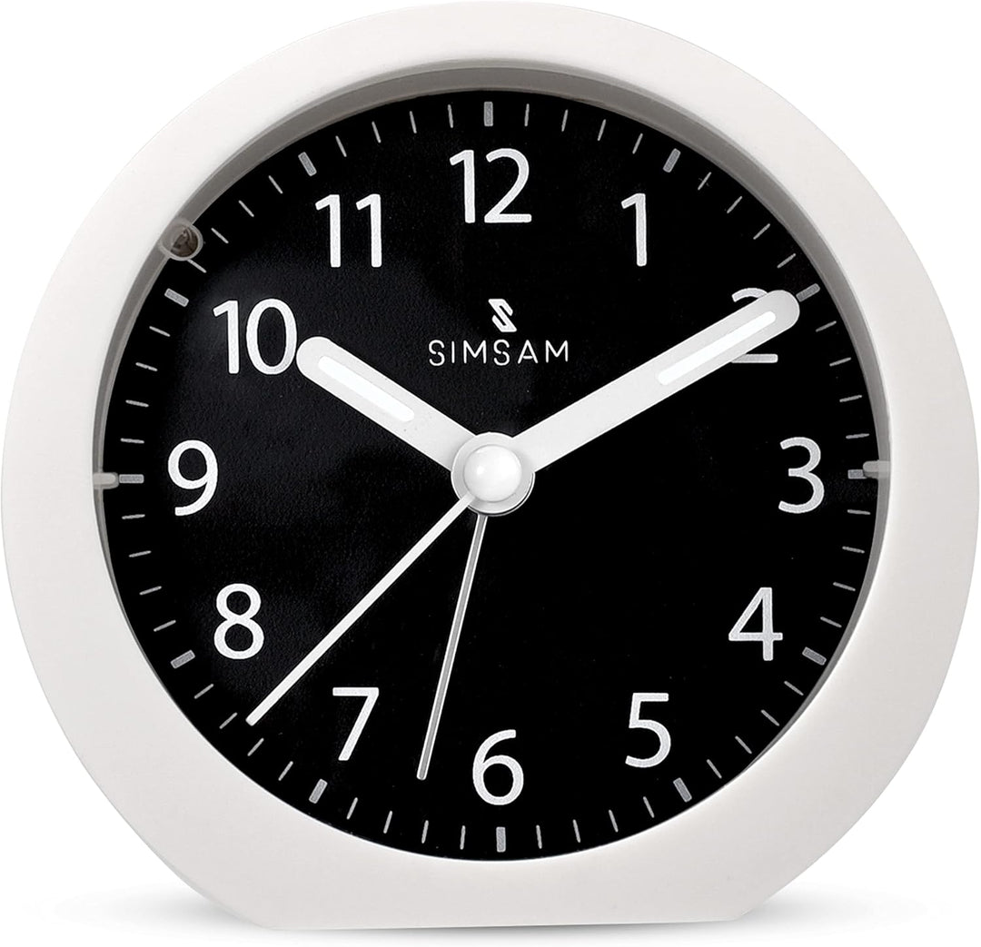 SIMSAM Wecker Analog ohne Ticken mit Batterie, Licht (Weiss-Schwarz), Weiss-schwarz