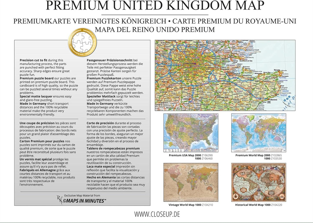 Close Up UK Karte Puzzle 2000 Teile MAPS IN Minutes, Great Britain (68,8cm x 96,6cm), Puzzle 2000 Te