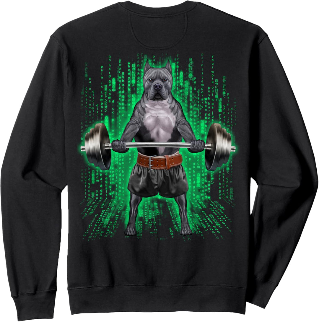 Pitbull-Hund, der Gewichte im Cyber-Fitnessstudio hebt Sweatshirt