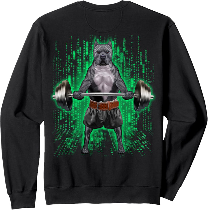 Pitbull-Hund, der Gewichte im Cyber-Fitnessstudio hebt Sweatshirt