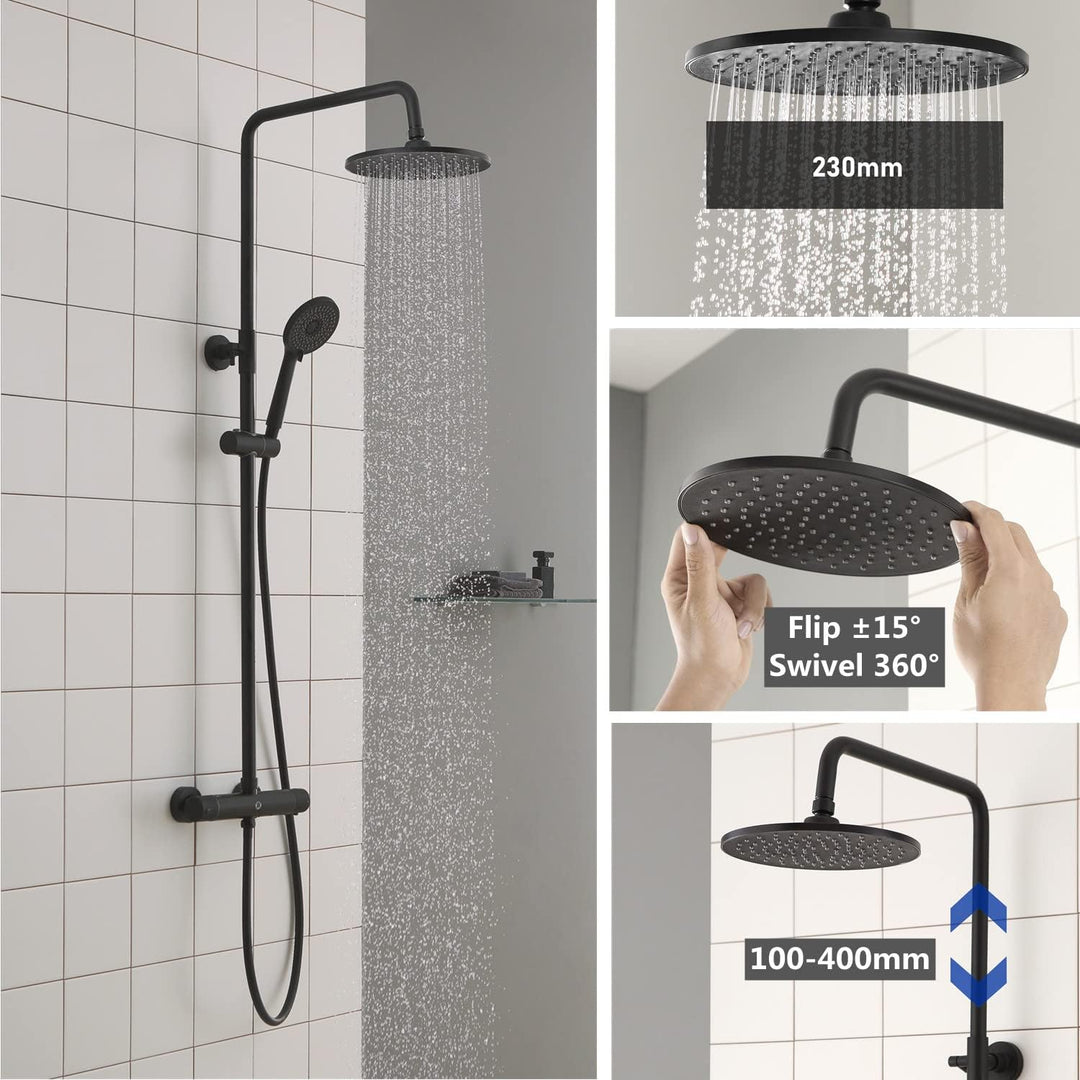 CECIPA Duschsystem Schwarz mit Thermostat 38 °C, Edelstahl Duschgarnitur mit Duscharmatur Schwarz Ma