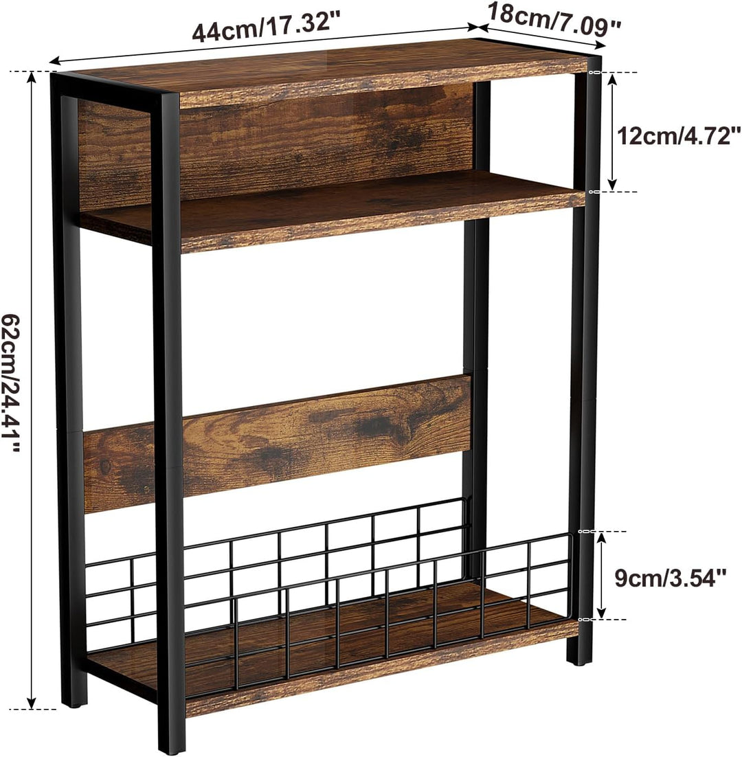 IBUYKE Kleiner Beistelltisch mit Zeitschriftenhalter,3 Etagen,Schmaler Beistelltisch mit Lagerregal,