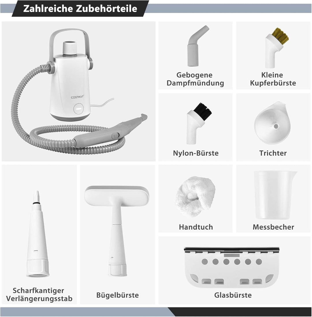 COSTWAY Dampfreiniger Handgerät | 1000W & 300 ml Wasserkapazität & 10 Zubehörsätze | Steamshot Steam