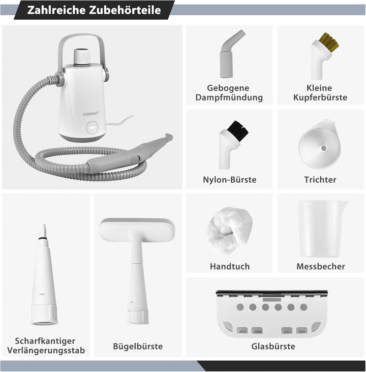 COSTWAY Dampfreiniger Handgerät | 1000W & 300 ml Wasserkapazität & 10 Zubehörsätze | Steamshot Steam