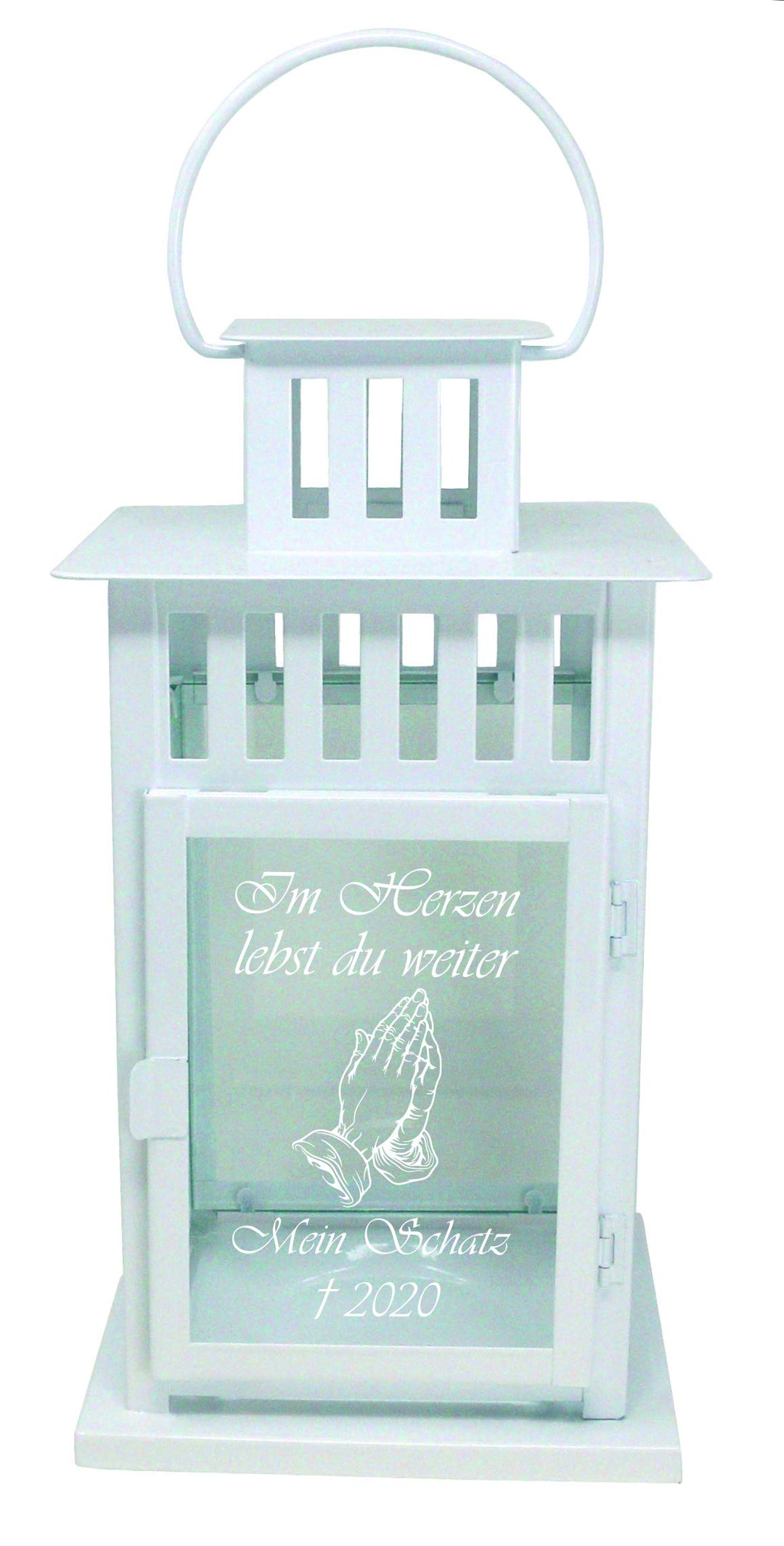 Trauer-Laterne Metall weiss Mod. 4 mit ind. Text und Motiv 28x15,5x15,5 cm Grablaterne Grablicht, We
