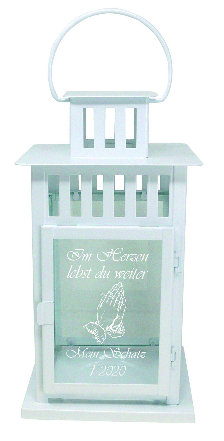 Trauer-Laterne Metall weiss Mod. 4 mit ind. Text und Motiv 28x15,5x15,5 cm Grablaterne Grablicht, We