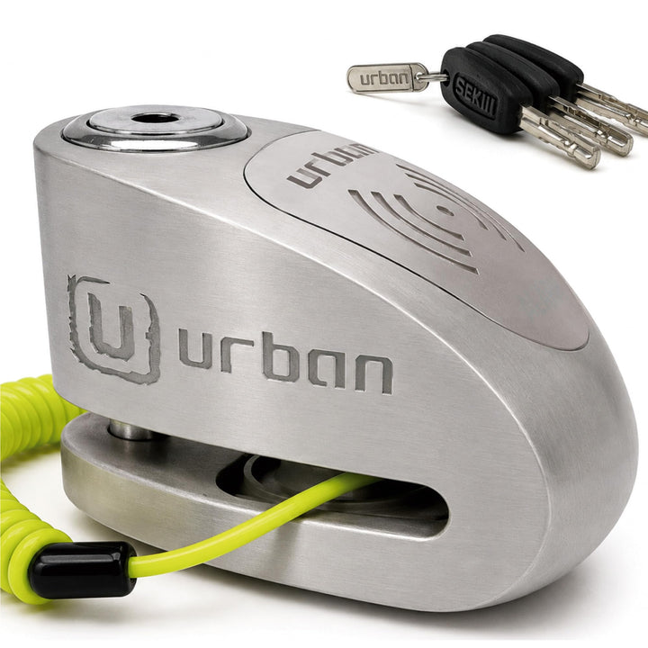 URBAN UR910S Motorrad Bremsscheibenschloss mit Alarm 120 dB + Erinnerungskabel 140cm, Doppelverriege