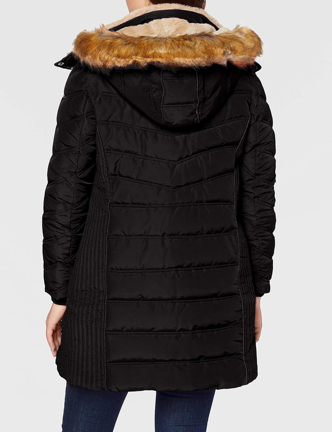 TOM TAILOR Damen Lange Pufferjacke mit Fellbesatz S 14482 - Deep Black, S 14482 - Deep Black