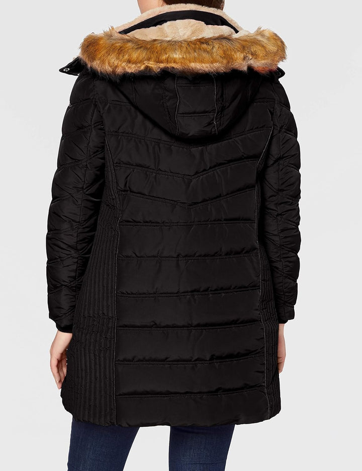 TOM TAILOR Damen Lange Pufferjacke mit Fellbesatz S 14482 - Deep Black, S 14482 - Deep Black