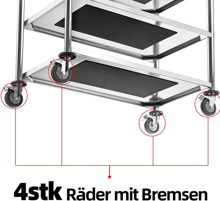 BLV Edelstahl Servierwagen Mit 4-Rad-Bremsen Rollen, servierwagen Edelstahl klein mit Schalldämmung