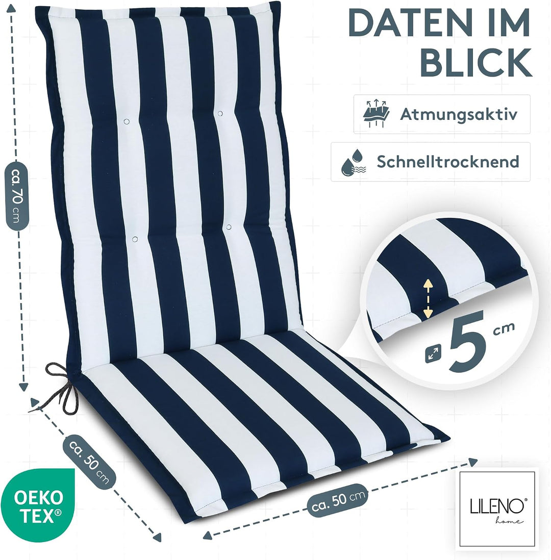 LILENO HOME Gartenstuhl Auflagen als [1er Set - Hochlehner] in Blockstreifen Blau - bequeme Liegen a