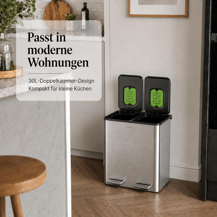EverGrove 60L Edelstahl-Mülleimer mit Sortierung, zweifach schwarz (Edelstahl, 30, Liter) 30 liters