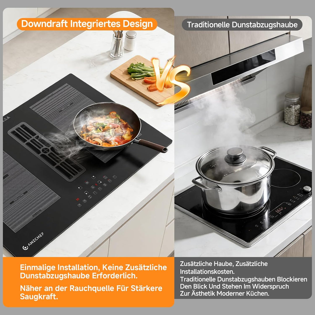 AMZCHEF Induktionskochfeld mit integriertem Dunstabzug 7200W, 4 Kochzonen, Autarkes Muldenlüfter-Koc