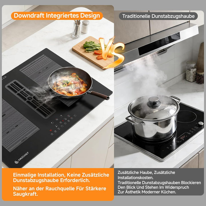 AMZCHEF Induktionskochfeld mit integriertem Dunstabzug 7200W, 4 Kochzonen, Autarkes Muldenlüfter-Koc