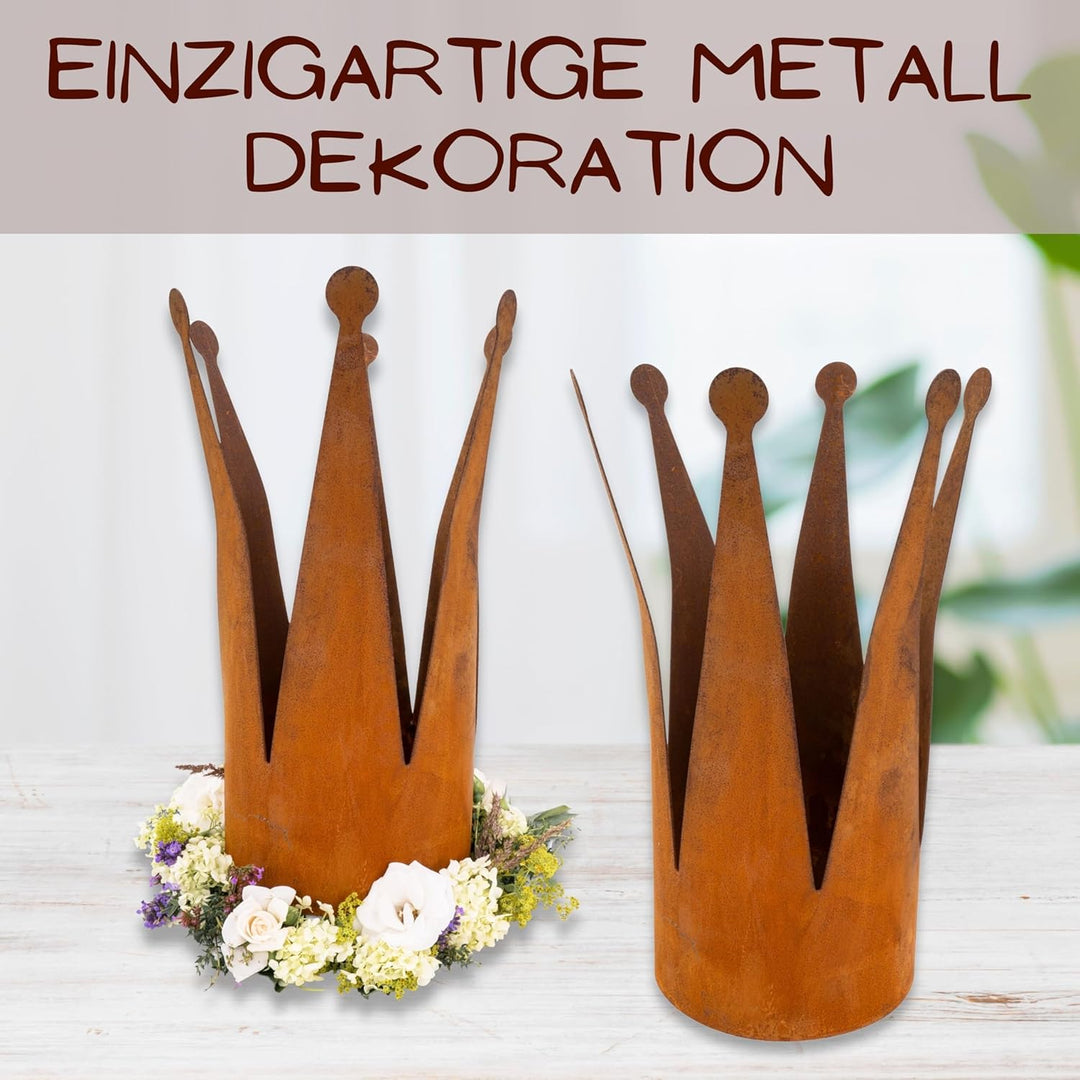 Rostikal Kronen Deko Rost 2er Set 22 cm und 32 cm Metallkrone Garten Deko Vintage, 2er Set