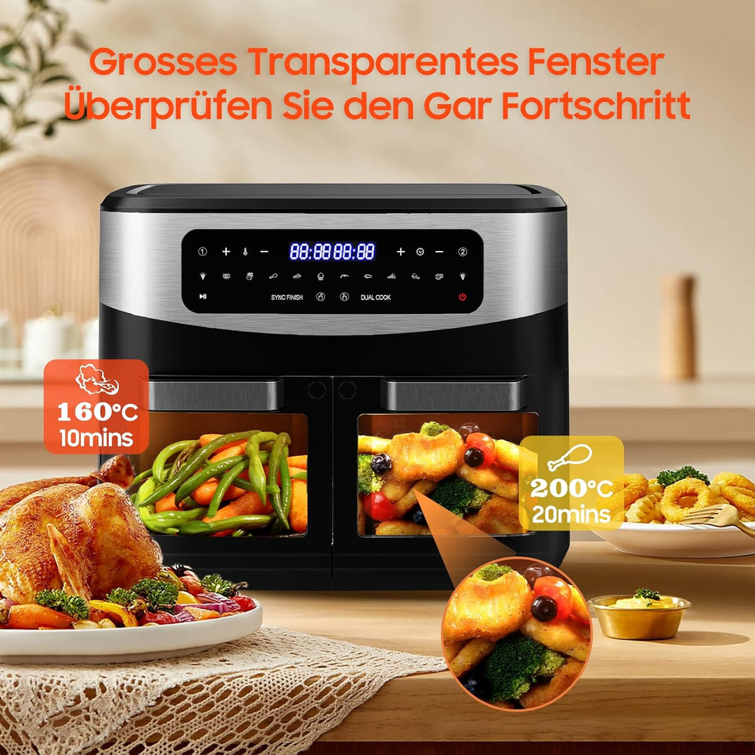 Heissluftfritteuse Dual Zone 12L - XXL Airfryer mit herausnehmbarem Trenner, 2600W Heissluftfritteus