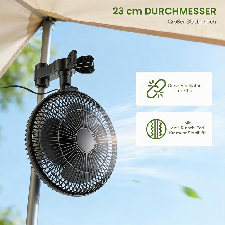 Grow Clip-Ventilator 25W, Oszillierender Klemmbar 22cm Durchmesser für Growzelt Growbox mit 1.5m lan