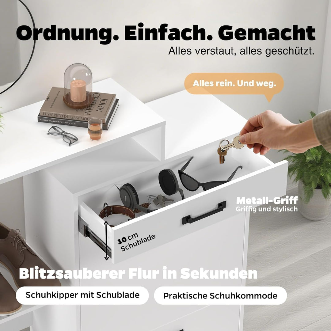 Schuhschrank schmal schwarz mit Schublade & Rattan-Dekor – eleganter Schuhkipper schwarz für Flur &