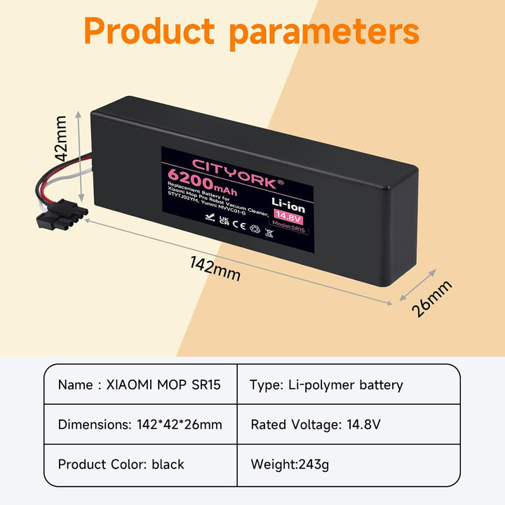 CITYORK 6200mAh 14,4V Li-Ion Akku für Xiaomi Mop 2S / Mop Pro/Mop P, Ersatzakku kompatibel mit Xiaom
