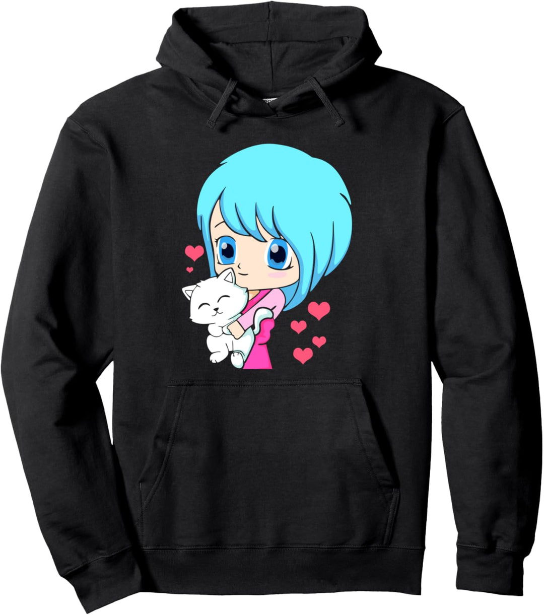 Süsses Anime-Mädchen mit einer Katze - Otaku Pullover Hoodie