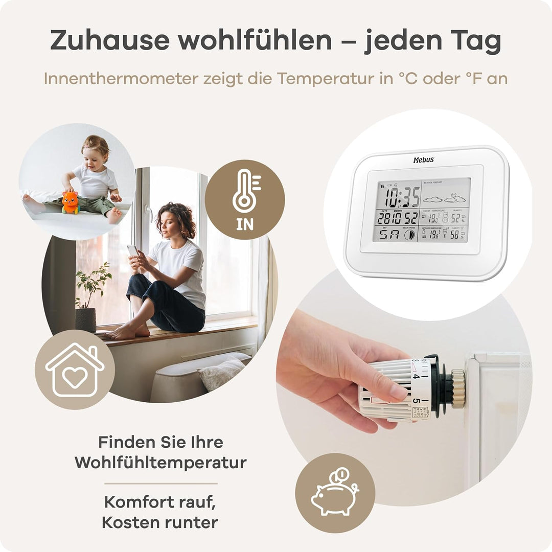 Mebus Funk-Wetterstation mit Aussensensor, Komfort-Indikator, Anzeige von Temperatur, Luftfeuchtigke