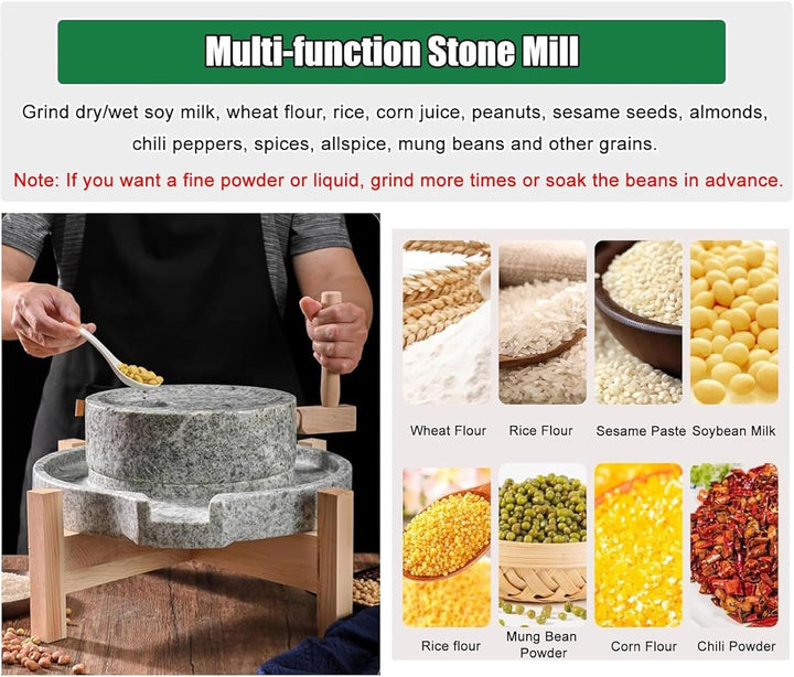 Manuelle Steinmühle mit Holzfuss, Mühle für Getreide und Hülsenfrüchte, trocken und feucht