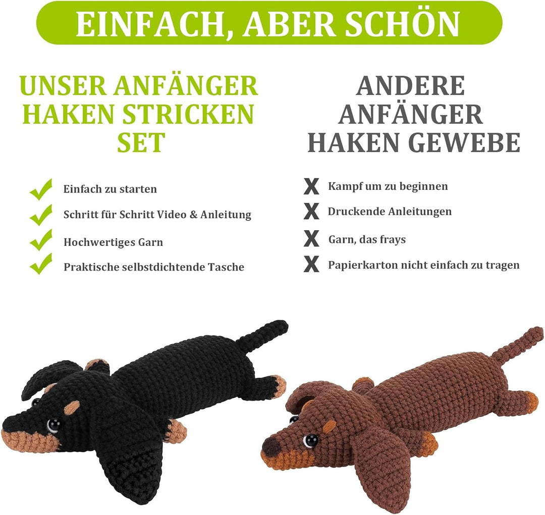 OurLeeme Häkelset für Anfänger, Häkeln Tiere Häkelnadelset Dackel-Starter-Strickset mit Dackelgarn,