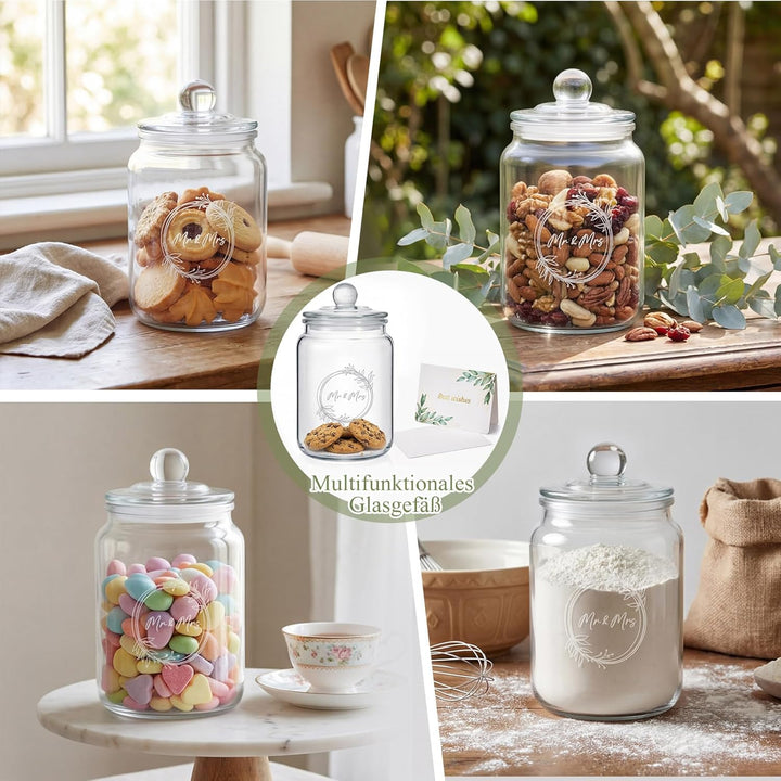 Keksdose aus Glas mit Gravur Mr & Mrs Hochzeitsgeschenk für Brautpaar 1 L Keksglas mit Deckel Bonbon