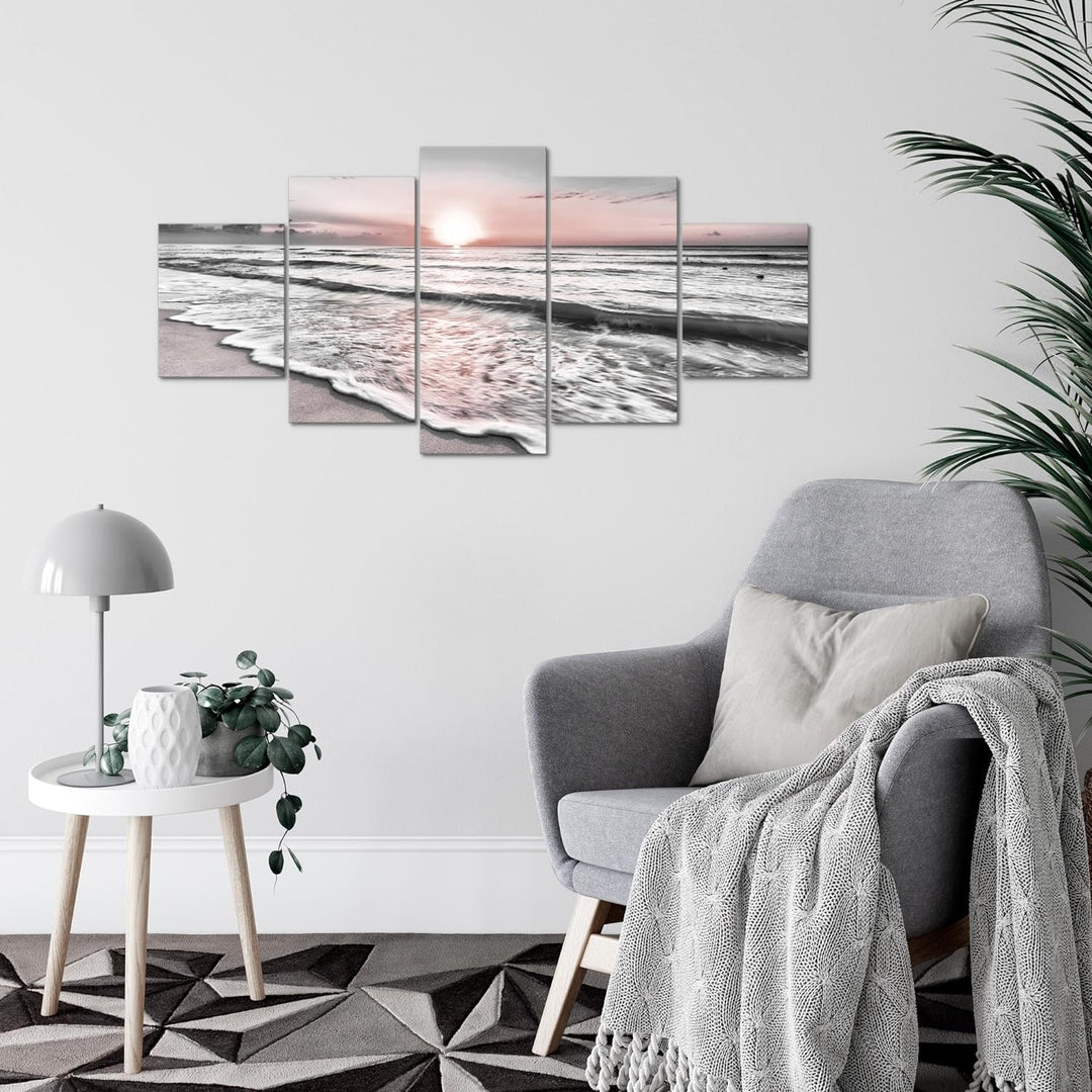 Runa Art Wandbilder Sonnenuntergang Strand 5 Teilig Bild auf Vlies Leinwand Deko Schlafzimmer Wohnzi