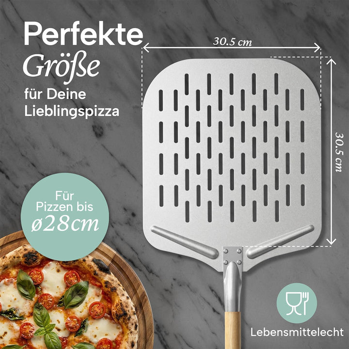 Blumtal Pizzaschieber perforiert 30,5x30,5 cm Fläche + Holzgriff 46,5 cm - Pizzaschaufel perforiert