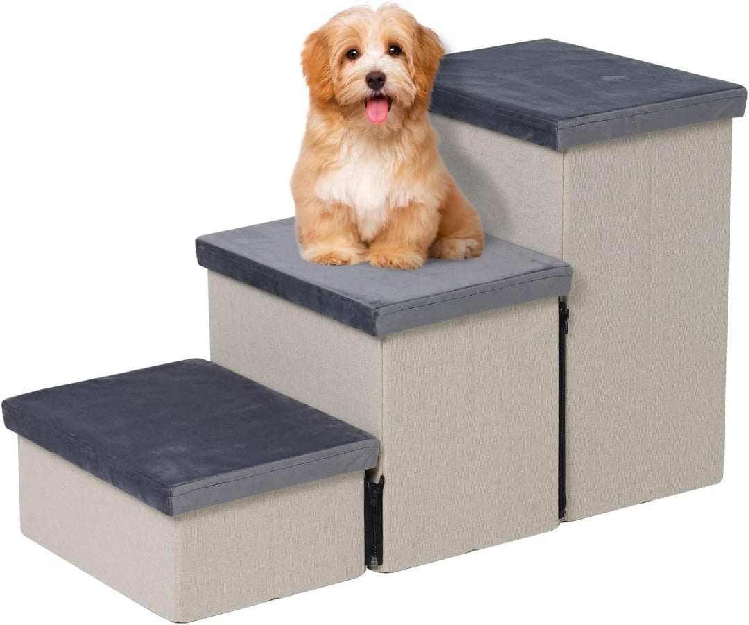 Haustiertreppe 3 Stufen für Hunde Katzen, Faltbare Hundetreppe mit viel Stauraum auch als Katzentrep