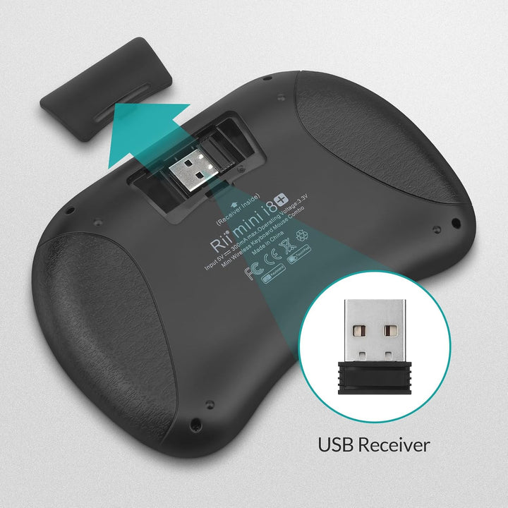 Rii Mini i8+ Wireless (QWERTY US Layout) - Mini Beleuchtete Tastatur mit Multi-Touch Maus-Pad für Sm