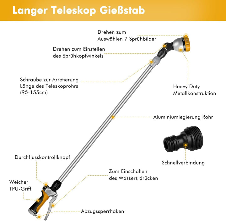 RESTMO Langer Teleskop Giessstab 92-152 cm, Lang Gartenbrause Metall mit 180° schwenkbaren Kopf, 7 S