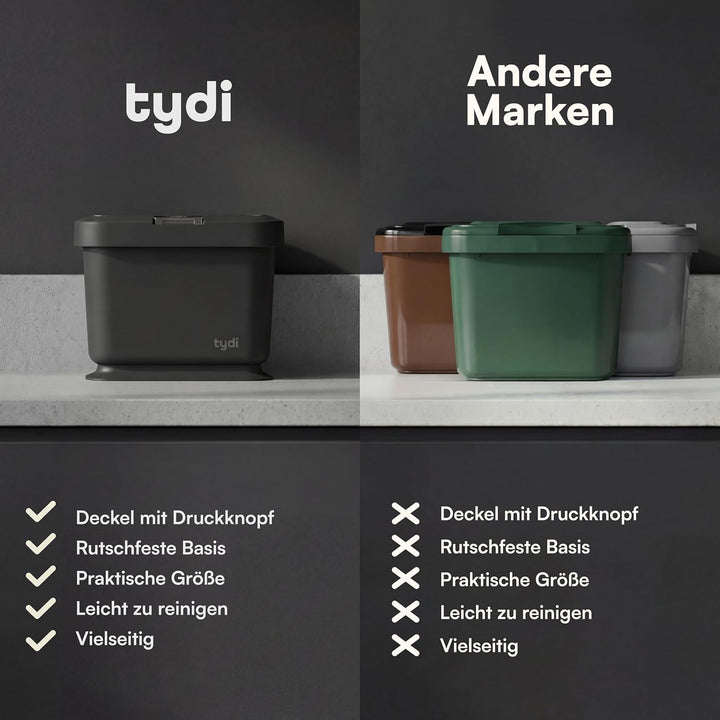 Tydi 4,5L Küchen-Biomüllbehälter mit Druckknopfdeckel - Komposteimer für die Küche - Rutschfester Bo