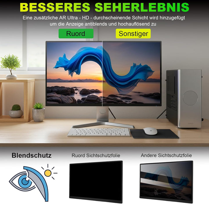 ruord Sichtschutzfolie für 24 Zoll 16:9 (53.1x29.9cm) Monitor - Blaulichtfilter & Blendschutz, Abneh